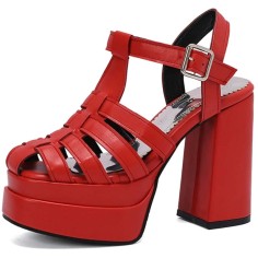 Open Toe T Straps Ankle Buckle Straps Double Platforms Chunky Heels Summer Sandals - Red Faux Leather