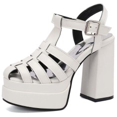 Open Toe T Straps Ankle Buckle Straps Double Platforms Chunky Heels Summer Sandals - White Faux Leather
