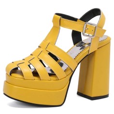Open Toe T Straps Ankle Buckle Straps Double Platforms Chunky Heels Summer Sandals - Yellow Faux Leather