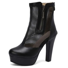 Round Toe Fishnet Surface Ankle Highs Cuban Heels Platforms Summer Booties - Black Faux Leather