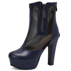 Round Toe Fishnet Surface Ankle Highs Cuban Heels Platforms Summer Booties - Blue Faux Leather
