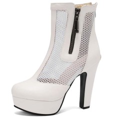 Round Toe Fishnet Surface Ankle Highs Cuban Heels Platforms Summer Booties - White Faux Leather