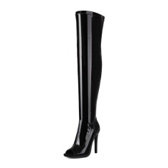 Peep Toe Stiletto Heels BlackPink Lisas Style Over The Knee Thigh Highs Boots - Black Patent
