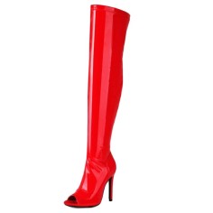 Peep Toe Stiletto Heels BlackPink Lisas Style Over The Knee Thigh Highs Boots - Red Patent