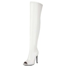 Peep Toe Stiletto Heels BlackPink Lisas Style Over The Knee Thigh Highs Boots - White Patent