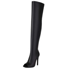 Peep Toe Stiletto Heels BlackPink Lisas Style Over The Knee Thigh Highs Boots - Black Faux Leather