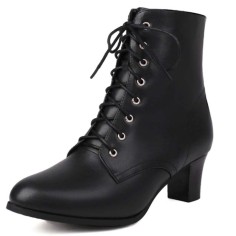 Pointed Toe Lace Up Chunky Block Heels Side Zipper Ankle Highs Autumn Boots - Black Faux Leather