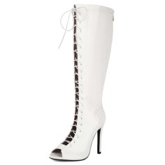 Peep Toe Lace Up Knee Highs Stiletto Heels Summer Boots - White Patent