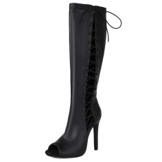 Peep Toe Lace Up Knee Highs Stiletto Heels Summer Boots - Black Faux Leather