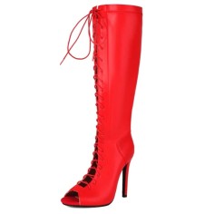 Peep Toe Stiletto Heels Knee Highs Lace Up Boots - Red Faux Leather