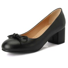 Round Toe Elegant Ribbon Decorated Chunky Block Heels Pumps - Black Faux Leather