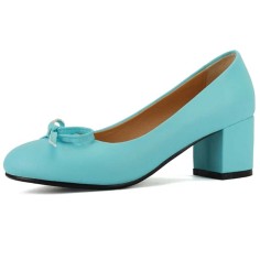 Round Toe Elegant Ribbon Decorated Chunky Block Heels Pumps - Blue Faux Leather