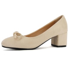 Round Toe Elegant Ribbon Decorated Chunky Block Heels Pumps - Beige Flock