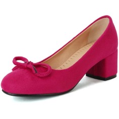 Round Toe Elegant Ribbon Decorated Chunky Block Heels Pumps - HotPink Flock