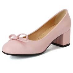 Round Toe Elegant Ribbon Decorated Chunky Block Heels Pumps - Pink Faux Leather