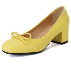 Round Toe Elegant Ribbon Decorated Chunky Block Heels Pumps - Yellow Faux Leather
