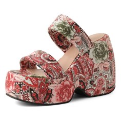 Peep Toe Wedges Heels Platforms Traditional Flowers Pattern Slip On Sandals - Pink Microfiber