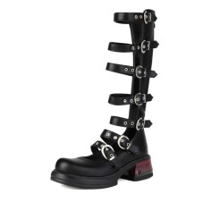 Round Toe Chunky Heels Multi Buckle Straps Gladiators Pumps - Black Faux Leather