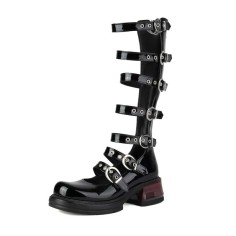 Round Toe Chunky Heels Multi Buckle Straps Gladiators Pumps - Black Patent