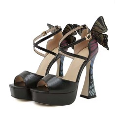Peep Toe Chunky Heels Platforms Butterfly Decorated Ankle Cross Straps Sandals - Black Faux Leather