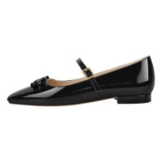 Square Toe Retro Decorated Mary Janes Straps Flats  - Black Patent