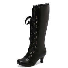 Round Toe Knee High Vintage Side Zipper Kitten Heels Lace Up Boots - Black Faux Leather