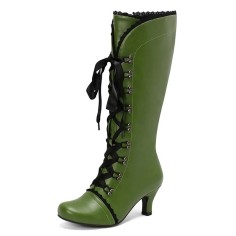 Round Toe Knee High Vintage Side Zipper Kitten Heels Lace Up Boots - Green Faux Leather