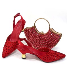 Pointed Toe Rhinestones Decorated Kitten Heels Slingback Pumps with Bag  - Red Synthetic