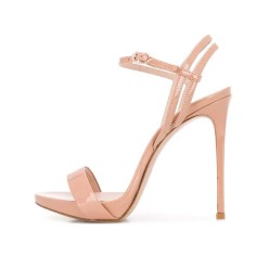 Stiletto Heels Peep Toe Ankle Buckle Straps Luxury Design Prom Sandals - Beige Patent