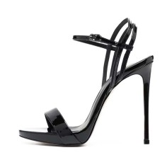 Stiletto Heels Peep Toe Ankle Buckle Straps Luxury Design Prom Sandals - Black Patent