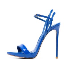 Stiletto Heels Peep Toe Ankle Buckle Straps Luxury Design Prom Sandals - Blue Patent