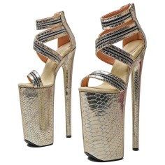 Peep Toe Stiletto Heels Snake Print Zip Decorated Ankle Cross Straps Platforms Sandals  - Gold Faux Leather