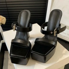 Square Open Toe Double Straps Platforms Chunky Heels Slippers Sandals - Black Faux Leather