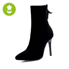 Pointed Toe Stiletto Heels Back Zipper Spring Boots - Black Flock