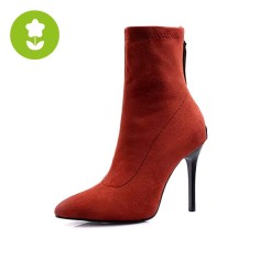 Pointed Toe Stiletto Heels Back Zipper Spring Boots - Orange Flock