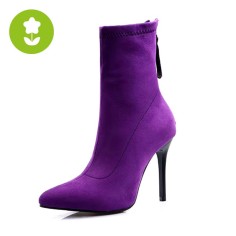 Pointed Toe Stiletto Heels Back Zipper Spring Boots - Purple Flock