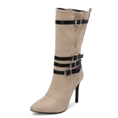 Pointed Toe Stiletto Heels Knee High Four Row Belt Buckles Booties - Beige Flock