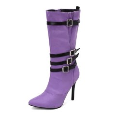 Pointed Toe Stiletto Heels Knee High Four Row Belt Buckles Booties - Lavender Flock