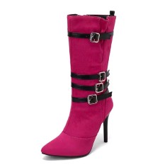 Pointed Toe Stiletto Heels Knee High Four Row Belt Buckles Booties - Rose Red Flock