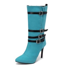 Pointed Toe Stiletto Heels Knee High Four Row Belt Buckles Booties - SkyBlue Flock