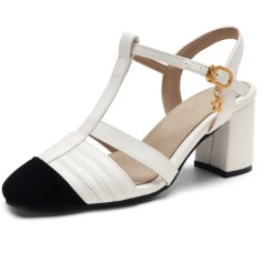 Round Toe Chunky Heels Ankle Buckle T Straps Vintage Sandals - White Faux Leather