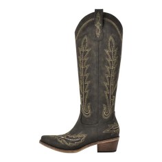 Pointed Toe Chunky Heels Western Style Knee Highs Side Zipper Cowgirl Boots - Powder Faux Leather