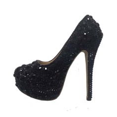 Round Toe Platforms Rhinestones Stiletto Heels  Pumps - Black Faux Leather
