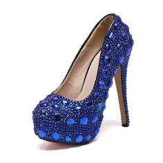 Round Toe Platforms Rhinestones Stiletto Heels  Pumps - Blue Faux Leather