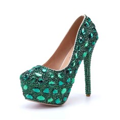 Round Toe Platforms Rhinestones Stiletto Heels  Pumps - Green Faux Leather