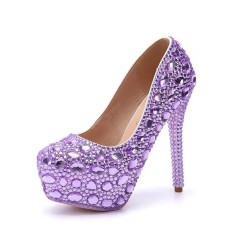 Round Toe Platforms Rhinestones Stiletto Heels  Pumps - Lavender Faux Leather