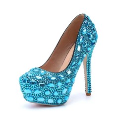 Round Toe Platforms Rhinestones Stiletto Heels  Pumps - LightBlue Faux Leather