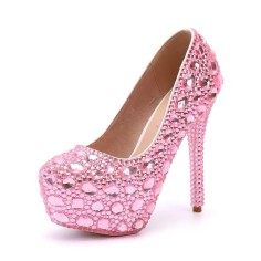 Round Toe Platforms Rhinestones Stiletto Heels  Pumps - Pink Faux Leather