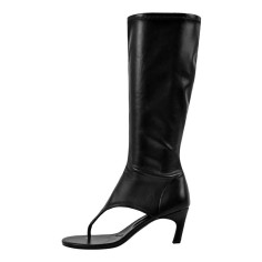 Thong Round Toe Mid-Calf Kitten Heels Bootie Flip-flops Sandals - Black Faux Leather