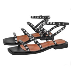 Flat Square Toe Rivet Sandals - Black
